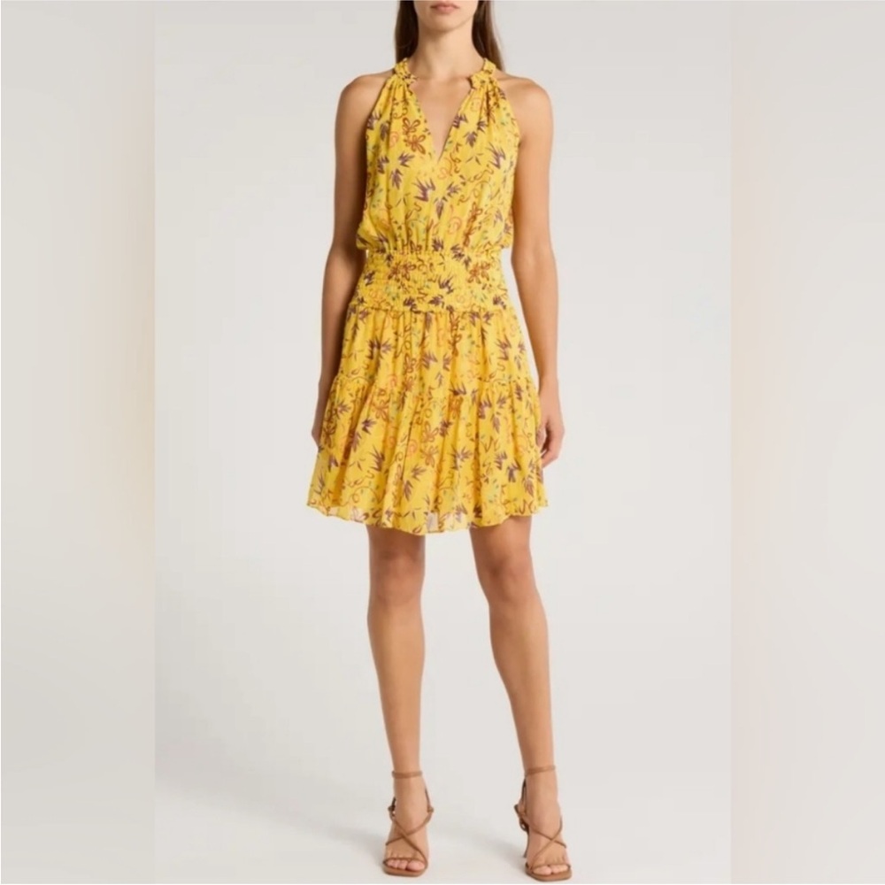 A.L.C. Yellow Floral Mini Dress Size 10- 100% Silk Courtney Smocked Tiered